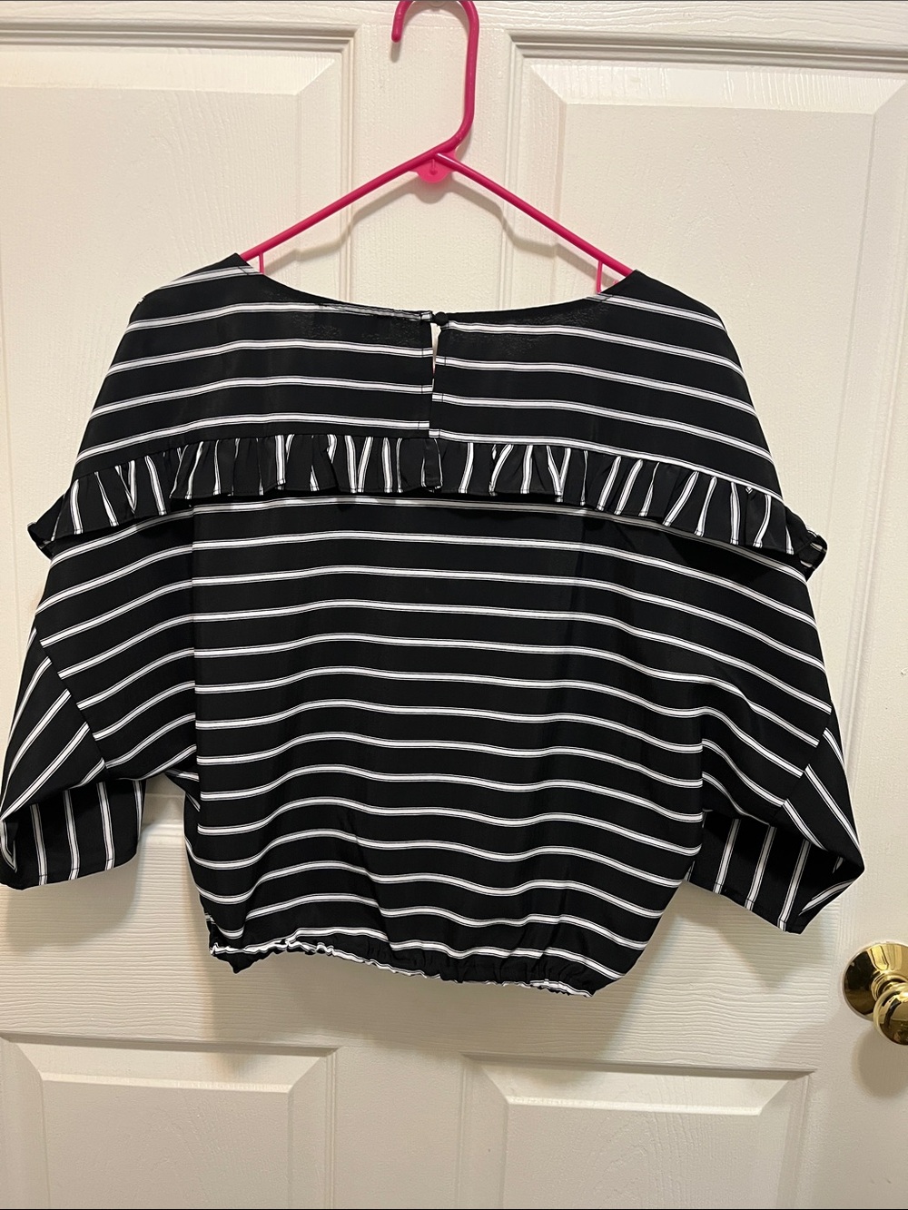 La Chance Black & White Vertical Stripe Ruffle Sleeve Blouse - Picture 3 of 3